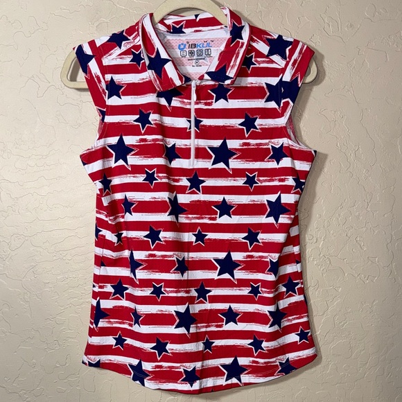 IBKUL Tops - IBKÜL Americana II Sleeveless Zip Polo Golf Top star and stripe print size M